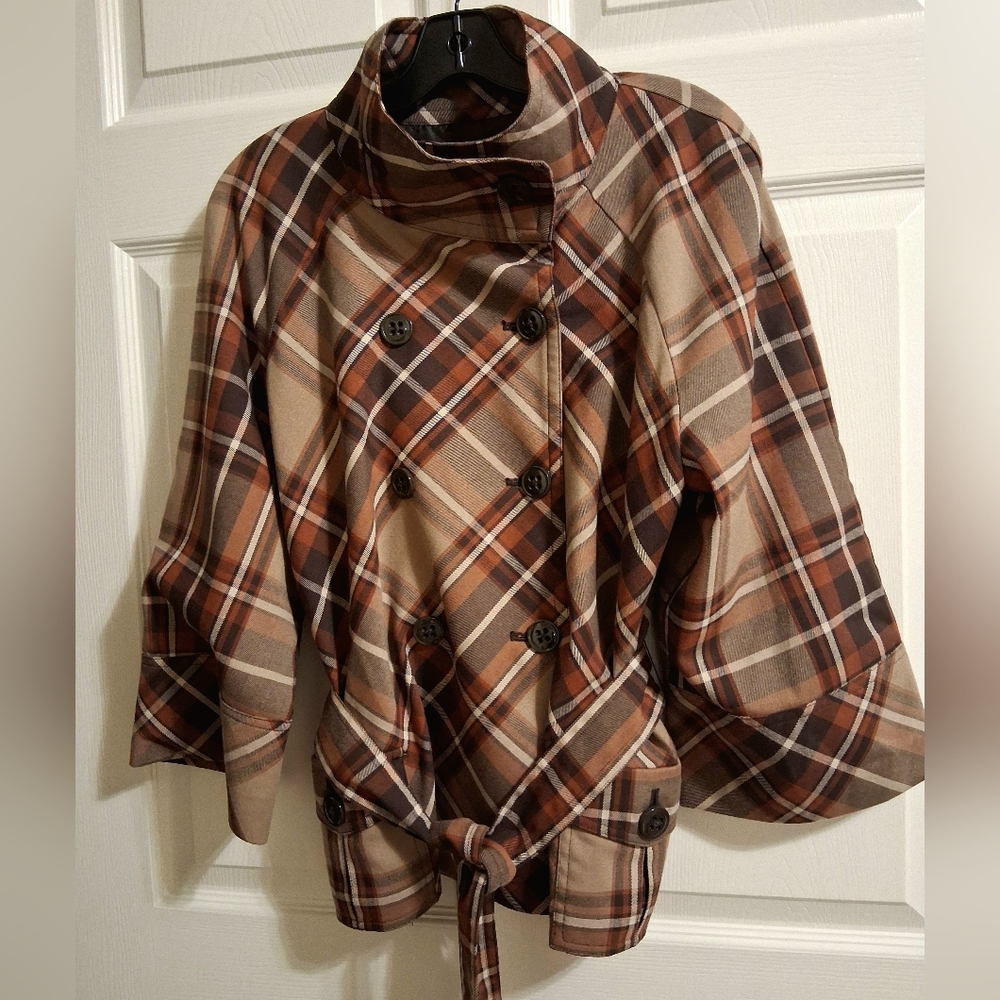 Apt 9 Brown Plaid Double Breasted High Neck Belted Styled Jacket XL